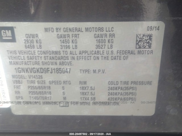 Photo 8 VIN: 1GNKVGKD9FJ185047 - CHEVROLET TRAVERSE 