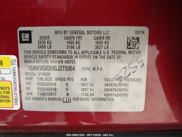 Photo 8 VIN: 1GNKVGKD9GJ273064 - CHEVROLET TRAVERSE 