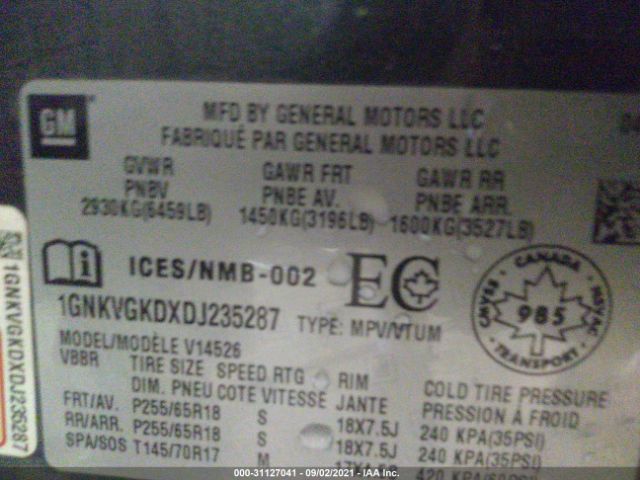 Photo 8 VIN: 1GNKVGKDXDJ235287 - CHEVROLET TRAVERSE 