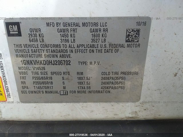 Photo 8 VIN: 1GNKVHKD0HJ206702 - CHEVROLET TRAVERSE 