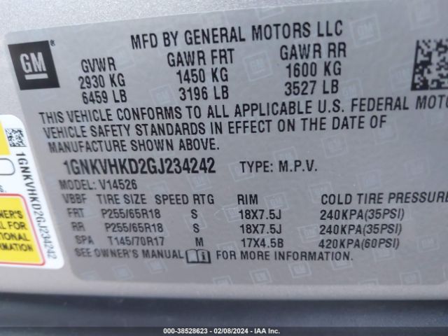 Photo 8 VIN: 1GNKVHKD2GJ234242 - CHEVROLET TRAVERSE 