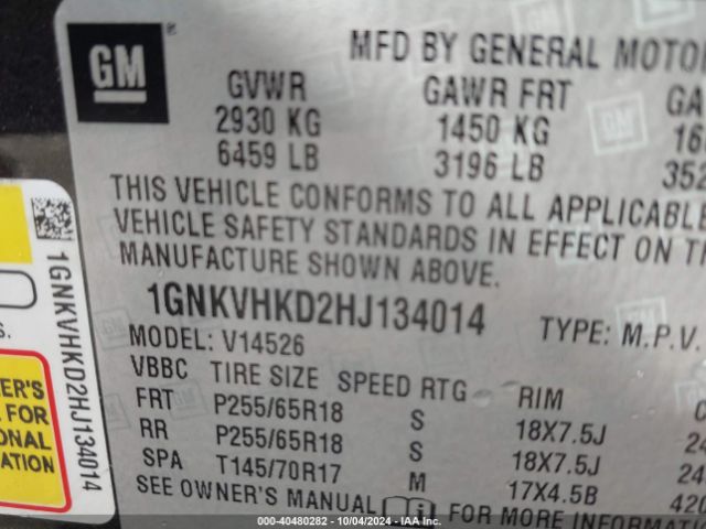 Photo 8 VIN: 1GNKVHKD2HJ134014 - CHEVROLET TRAVERSE 