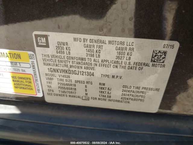 Photo 8 VIN: 1GNKVHKD3GJ121304 - CHEVROLET TRAVERSE 