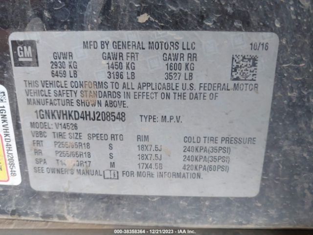 Photo 8 VIN: 1GNKVHKD4HJ208548 - CHEVROLET TRAVERSE 