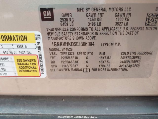 Photo 8 VIN: 1GNKVHKD5EJ306094 - CHEVROLET TRAVERSE 