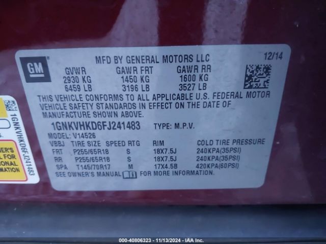 Photo 8 VIN: 1GNKVHKD6FJ241483 - CHEVROLET TRAVERSE 