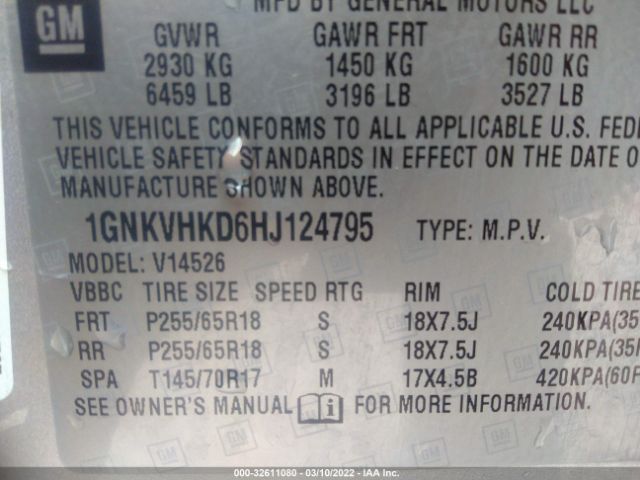 Photo 8 VIN: 1GNKVHKD6HJ124795 - CHEVROLET TRAVERSE 