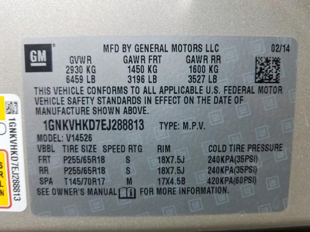 Photo 9 VIN: 1GNKVHKD7EJ288813 - CHEVROLET TRAVERSE L 