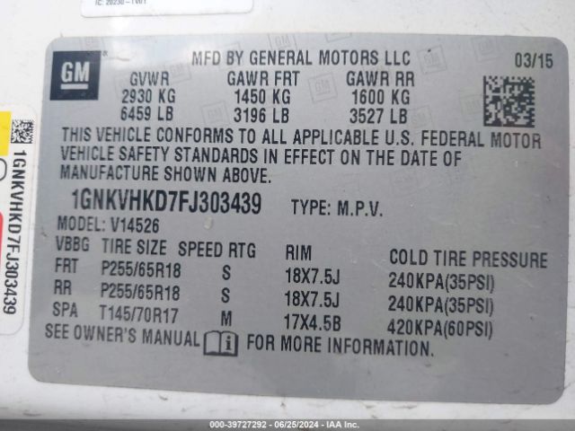 Photo 8 VIN: 1GNKVHKD7FJ303439 - CHEVROLET TRAVERSE 