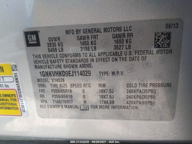 Photo 8 VIN: 1GNKVHKD9EJ114029 - CHEVROLET TRAVERSE 