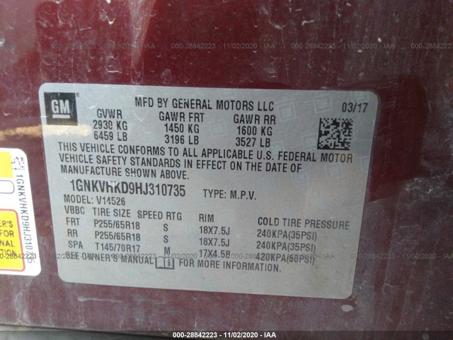 Photo 8 VIN: 1GNKVHKD9HJ310735 - CHEVROLET TRAVERSE 