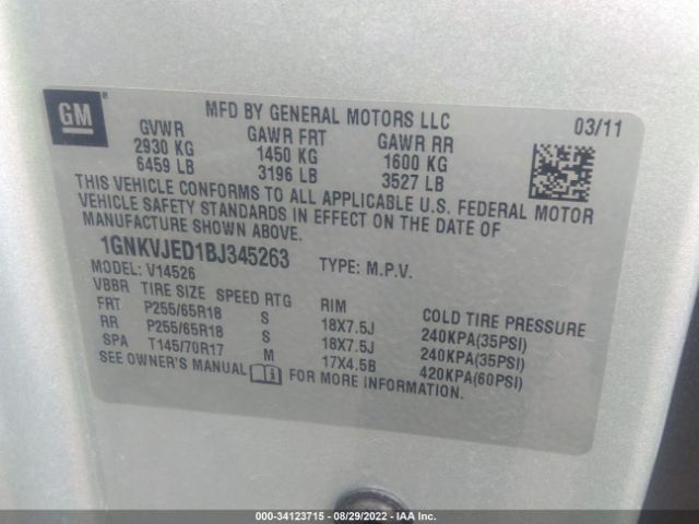 Photo 8 VIN: 1GNKVJED1BJ345263 - CHEVROLET TRAVERSE 