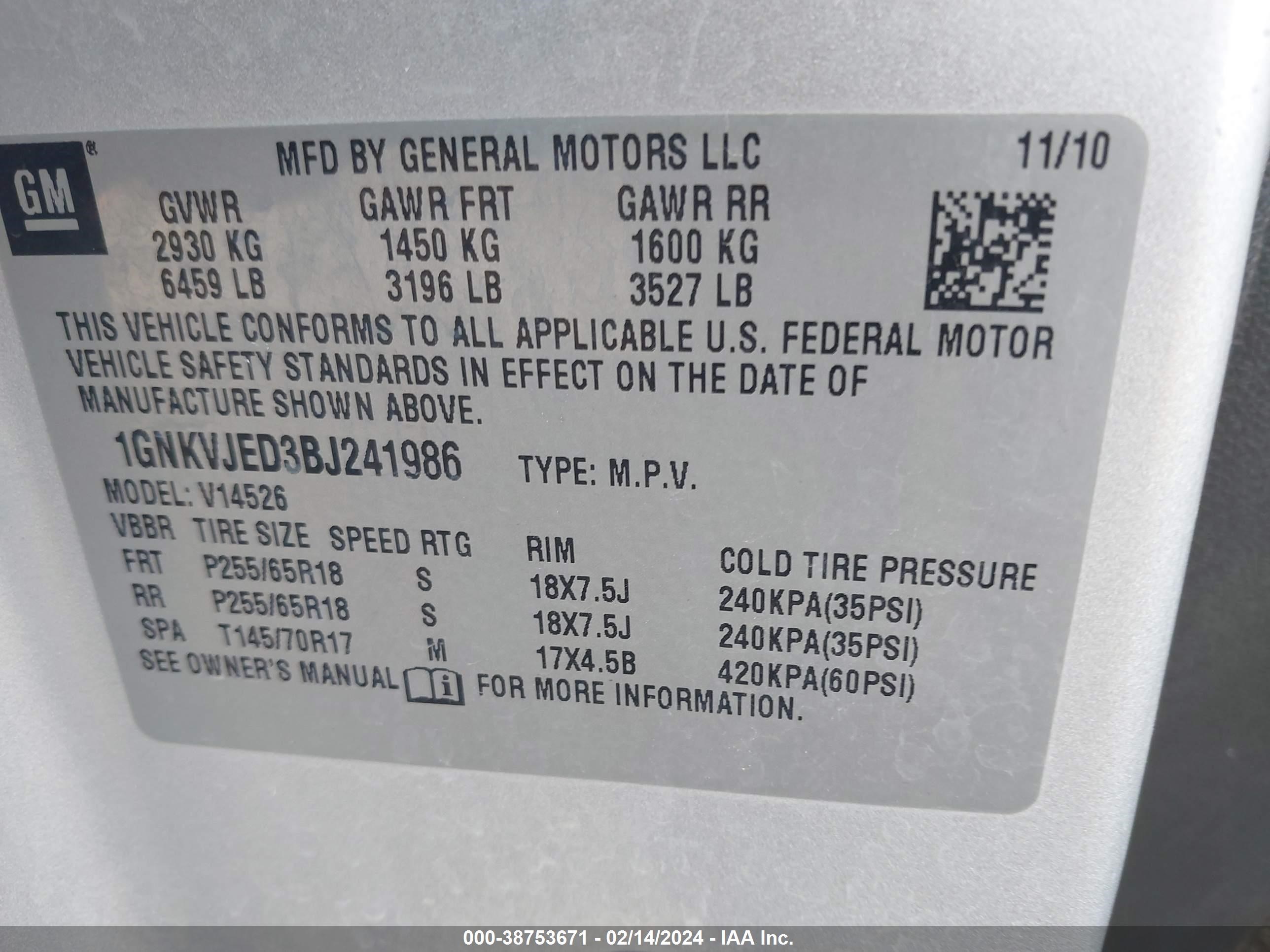 Photo 8 VIN: 1GNKVJED3BJ241986 - CHEVROLET TRAVERSE 