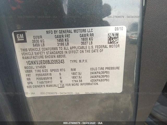 Photo 8 VIN: 1GNKVJED8BJ205243 - CHEVROLET TRAVERSE 