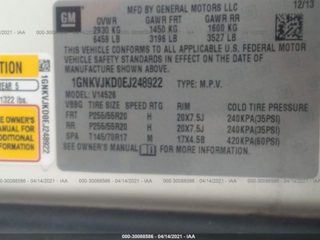 Photo 8 VIN: 1GNKVJKD0EJ248922 - CHEVROLET TRAVERSE 