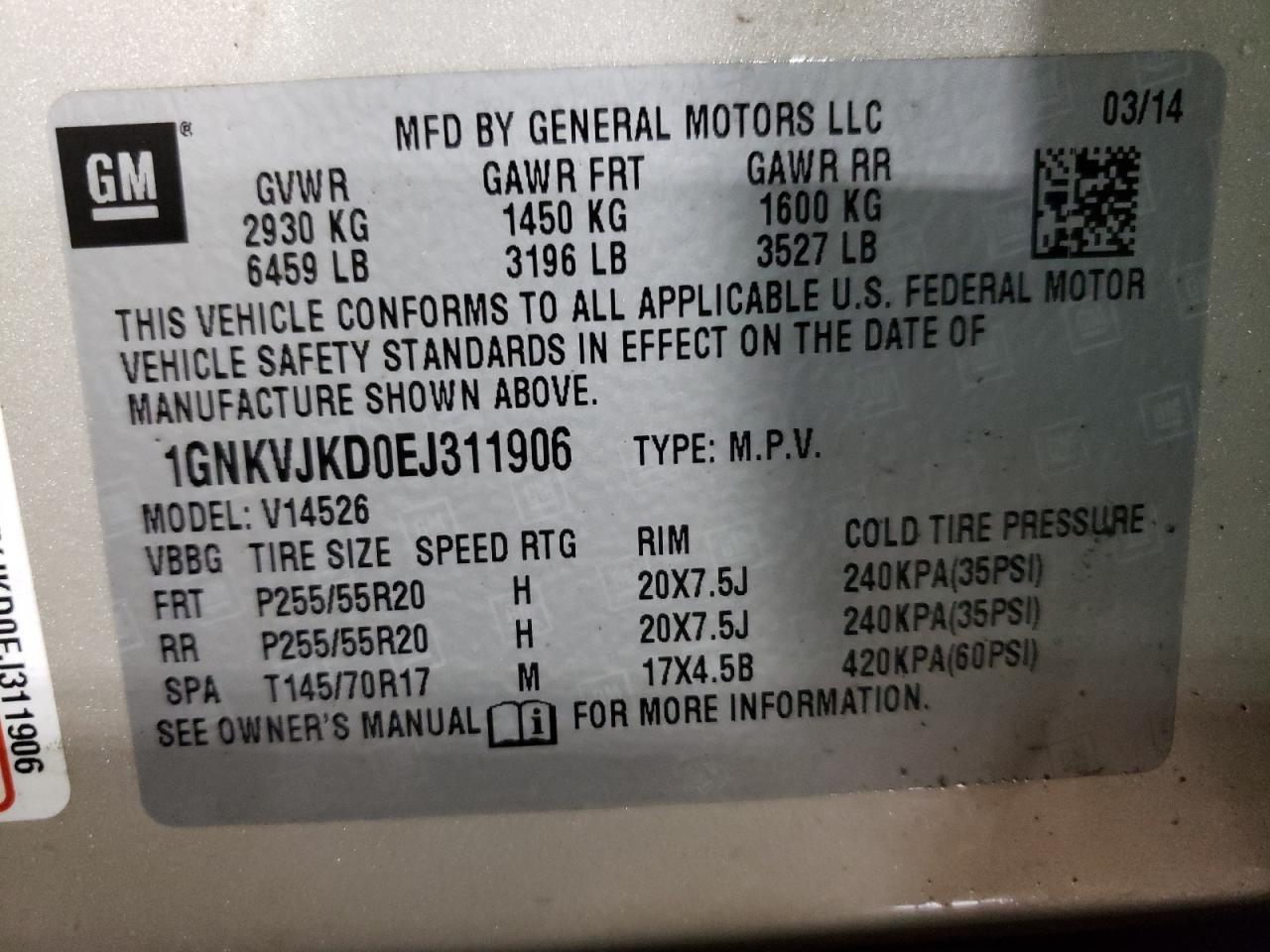 Photo 12 VIN: 1GNKVJKD0EJ311906 - CHEVROLET TRAVERSE 