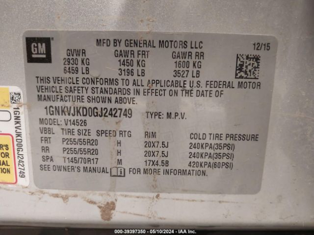 Photo 8 VIN: 1GNKVJKD0GJ242749 - CHEVROLET TRAVERSE 