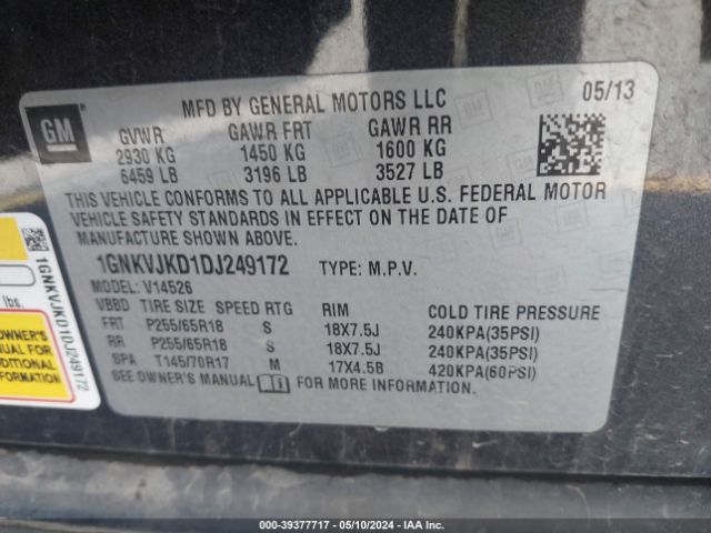 Photo 8 VIN: 1GNKVJKD1DJ249172 - CHEVROLET TRAVERSE 