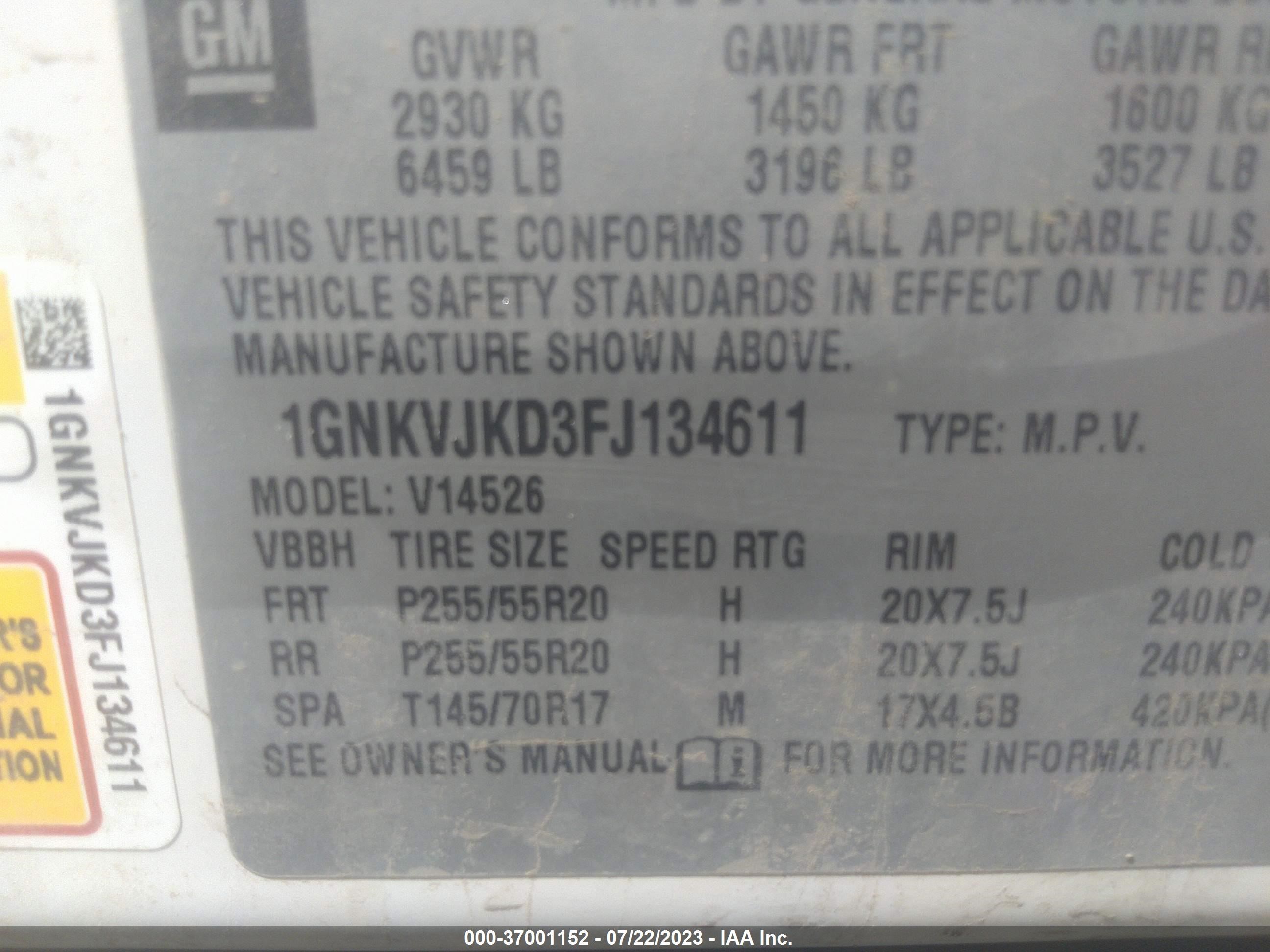 Photo 8 VIN: 1GNKVJKD3FJ134611 - CHEVROLET TRAVERSE 