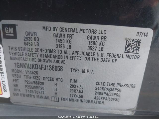 Photo 8 VIN: 1GNKVJKD4FJ136058 - CHEVROLET TRAVERSE 