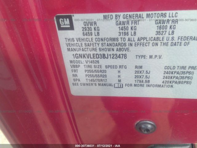 Photo 8 VIN: 1GNKVLED3BJ123478 - CHEVROLET TRAVERSE 