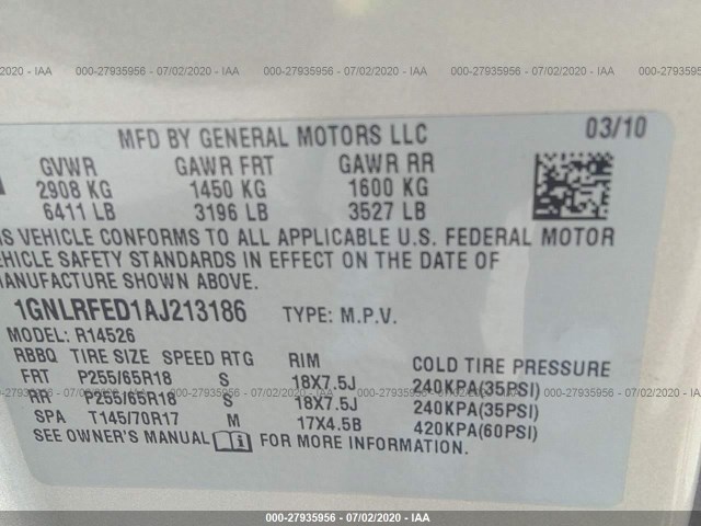 Photo 8 VIN: 1GNLRFED1AJ213186 - CHEVROLET TRAVERSE 