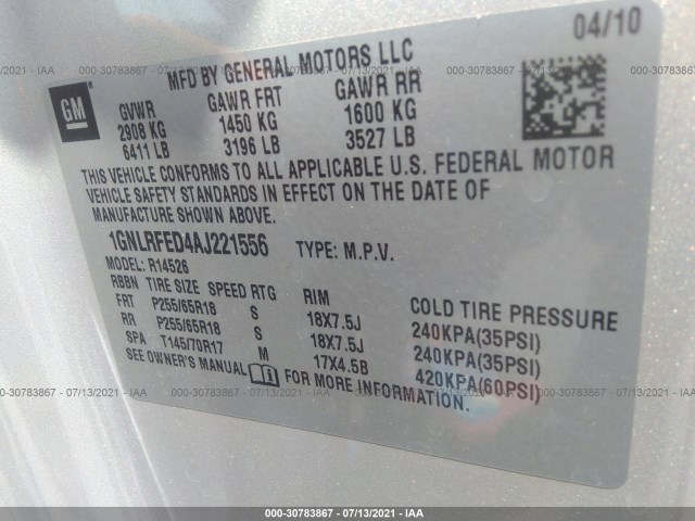 Photo 8 VIN: 1GNLRFED4AJ221556 - CHEVROLET TRAVERSE 