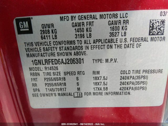 Photo 8 VIN: 1GNLRFED6AJ206301 - CHEVROLET TRAVERSE 