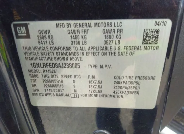 Photo 8 VIN: 1GNLRFED8AJ238005 - CHEVROLET TRAVERSE 