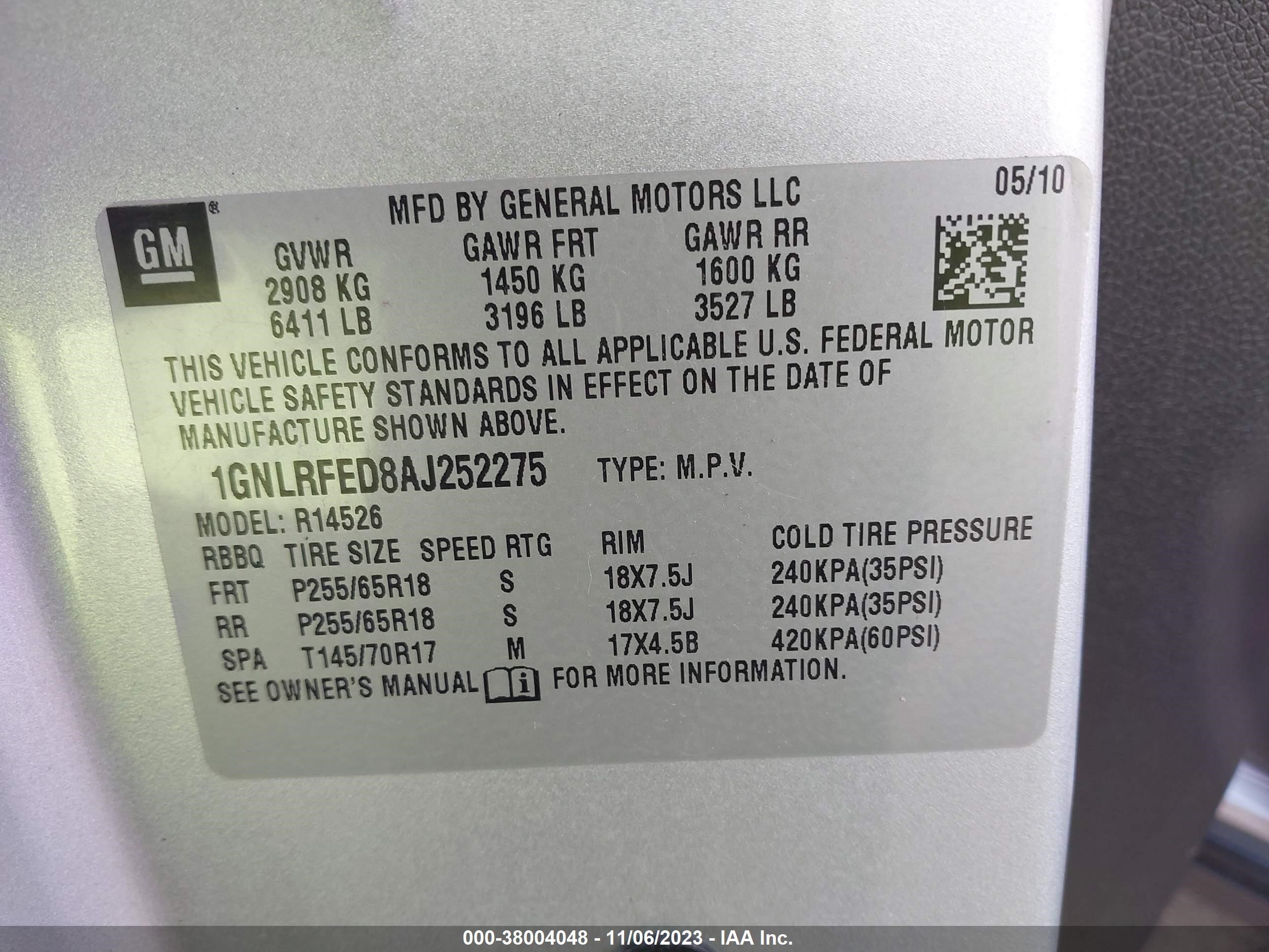 Photo 8 VIN: 1GNLRFED8AJ252275 - CHEVROLET TRAVERSE 