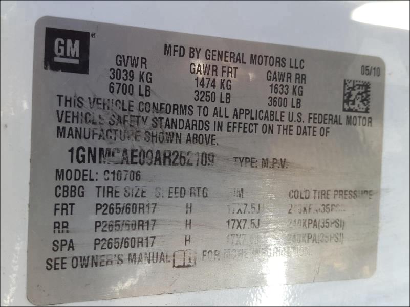 Photo 9 VIN: 1GNMCAE09AR262109 - CHEVROLET TAHOE C150 