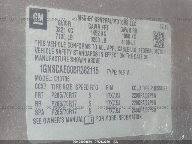 Photo 8 VIN: 1GNSCAE00BR382115 - CHEVROLET TAHOE 