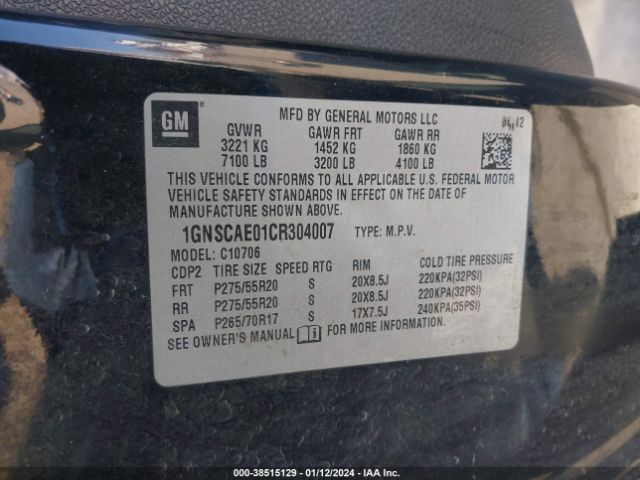 Photo 8 VIN: 1GNSCAE01CR304007 - CHEVROLET TAHOE 