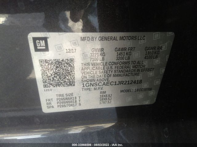 Photo 8 VIN: 1GNSCAEC1JR212418 - CHEVROLET TAHOE 