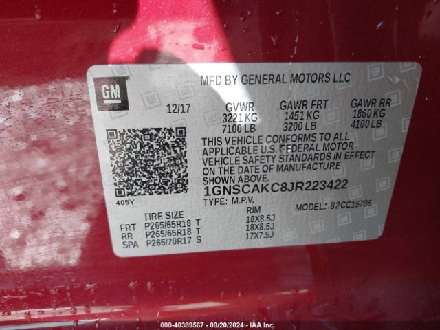 Photo 8 VIN: 1GNSCAKC8JR223422 - CHEVROLET TAHOE 