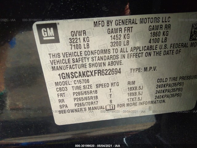 Photo 8 VIN: 1GNSCAKCXFR622694 - CHEVROLET TAHOE 