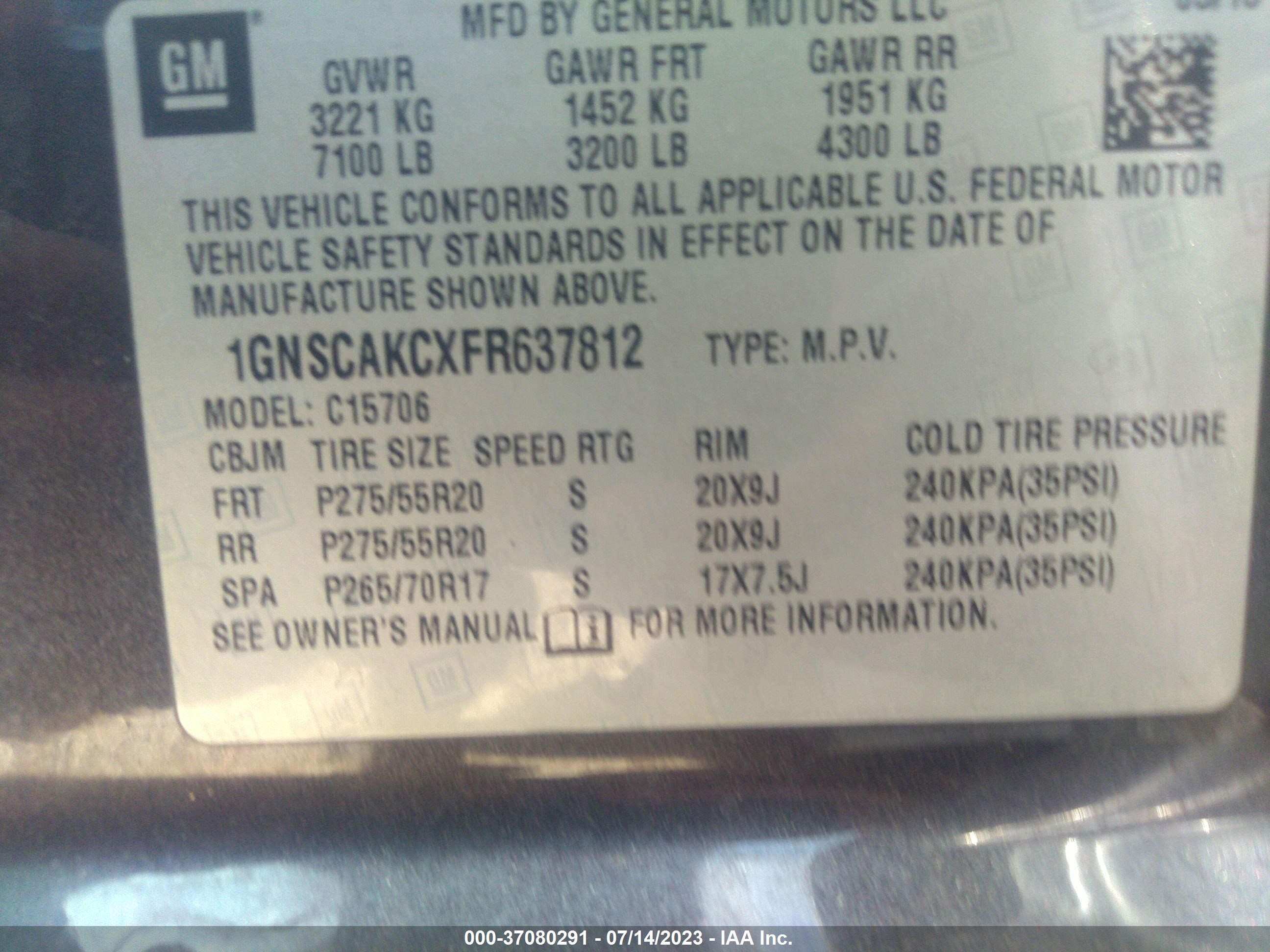 Photo 8 VIN: 1GNSCAKCXFR637812 - CHEVROLET TAHOE 