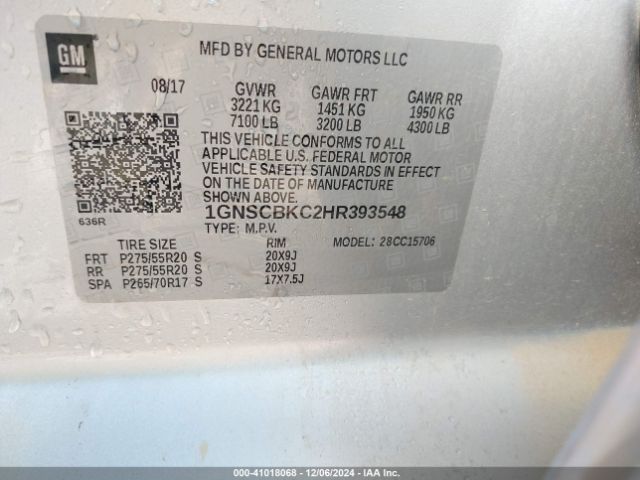 Photo 8 VIN: 1GNSCBKC2HR393548 - CHEVROLET TAHOE 