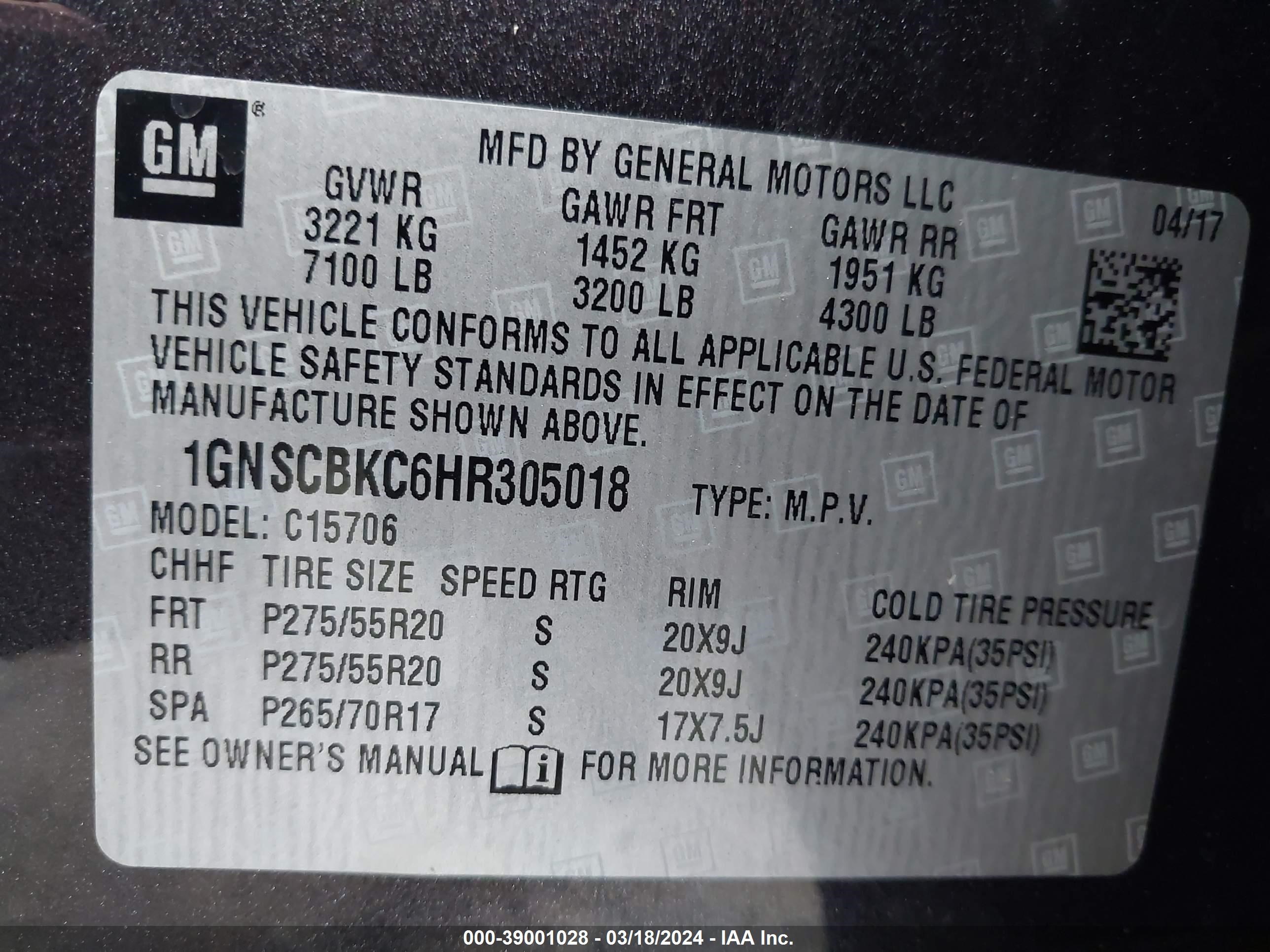 Photo 8 VIN: 1GNSCBKC6HR305018 - CHEVROLET TAHOE 