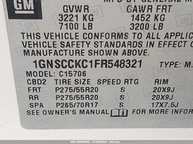 Photo 8 VIN: 1GNSCCKC1FR548321 - CHEVROLET TAHOE 