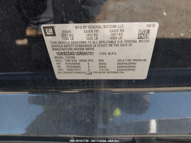 Photo 8 VIN: 1GNSCCKC1GR365731 - CHEVROLET TAHOE 