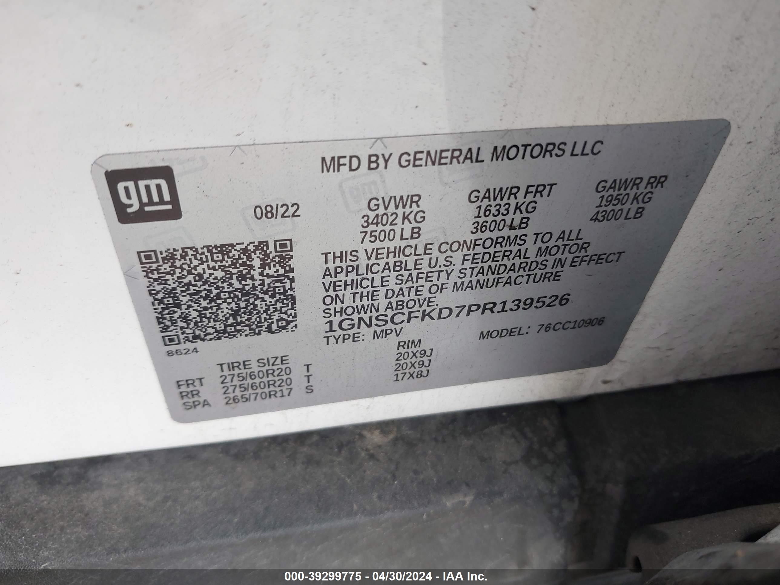 Photo 8 VIN: 1GNSCFKD7PR139526 - CHEVROLET SUBURBAN 