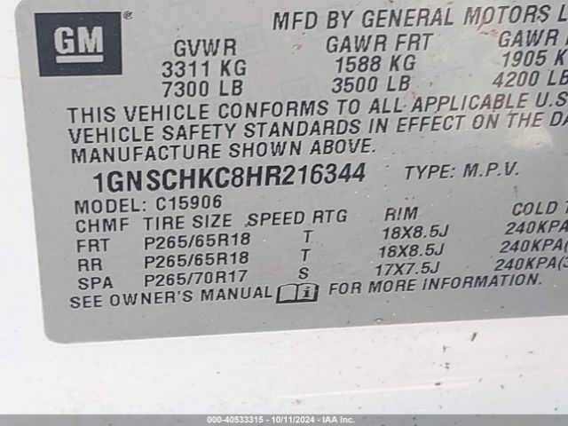 Photo 8 VIN: 1GNSCHKC8HR216344 - CHEVROLET SUBURBAN 