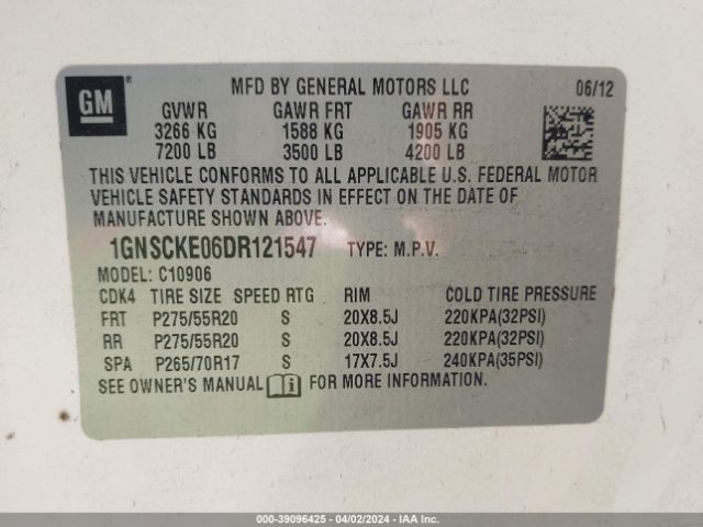 Photo 8 VIN: 1GNSCKE06DR121547 - CHEVROLET SUBURBAN 1500 