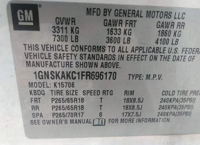 Photo 8 VIN: 1GNSKAKC1FR696170 - CHEVROLET TAHOE 