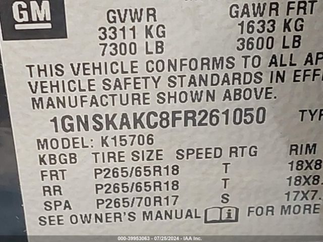 Photo 8 VIN: 1GNSKAKC8FR261050 - CHEVROLET TAHOE 