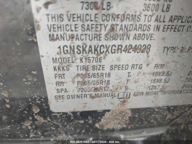 Photo 8 VIN: 1GNSKAKCXGR424928 - CHEVROLET TAHOE 