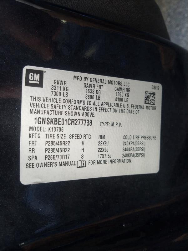 Photo 9 VIN: 1GNSKBE01CR277738 - CHEVROLET TAHOE K150 