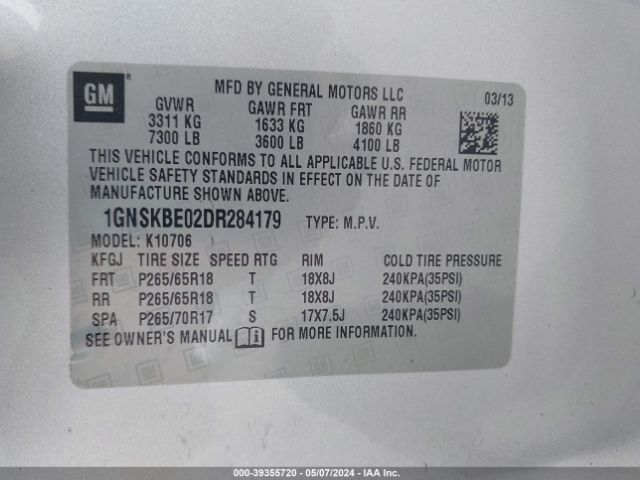 Photo 8 VIN: 1GNSKBE02DR284179 - CHEVROLET TAHOE 