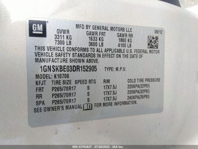 Photo 8 VIN: 1GNSKBE03DR152905 - CHEVROLET TAHOE 